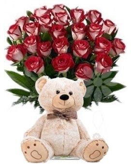 Bouquet of Brindled Roses + Plush Bear