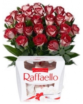 Bouquet of Brindled Roses + Raffaello 150 g