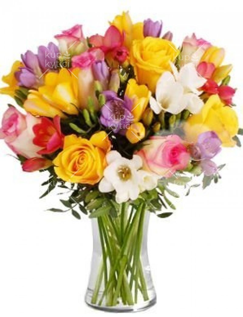 Bouquet of colorful roses and freesias by Adriana