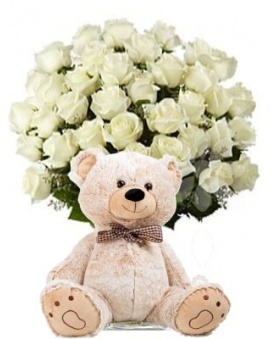 Bouquet of white roses + plush bear