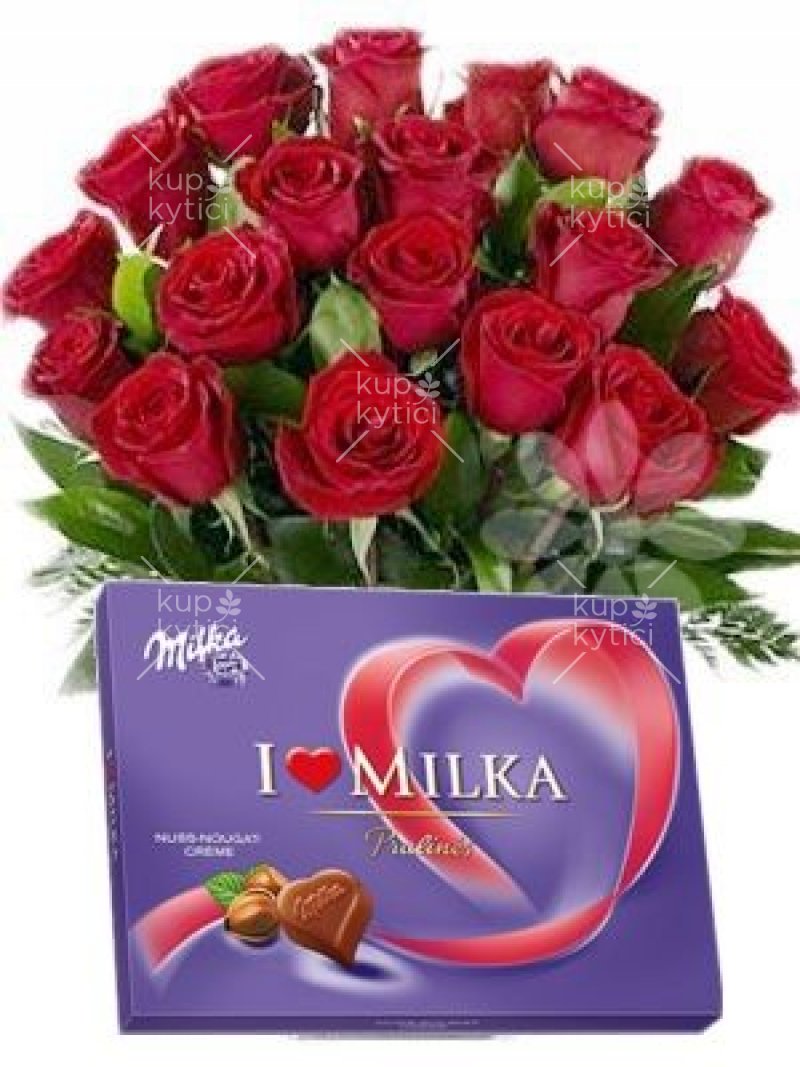 Červené růže + Milka - rozvoz květin