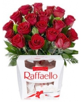 Bouquet of red roses + Raffaello 150 g