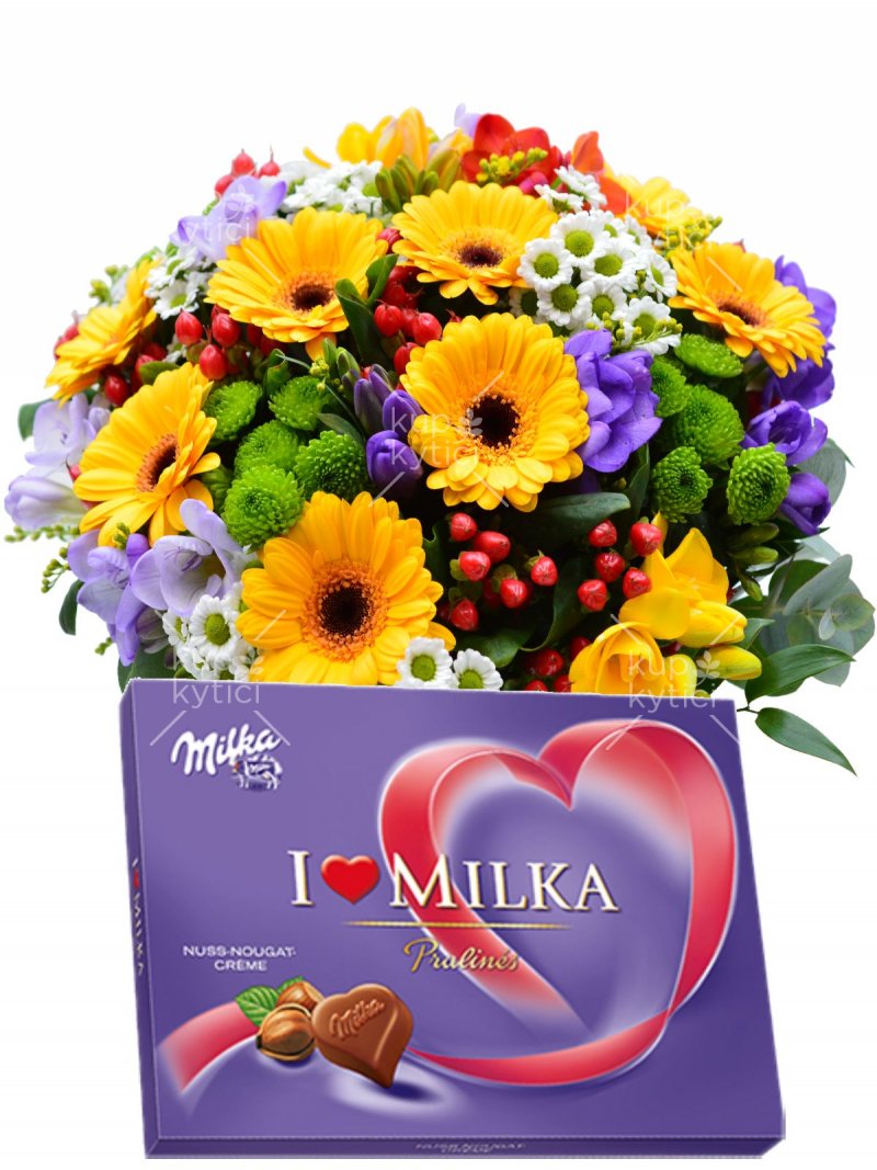 Kytice + bonboniéra Milka - rozvoz kvetín